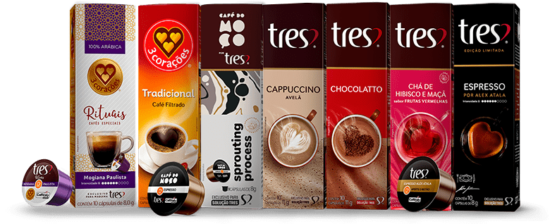 Cafeteira TRES e produtos da 3 Corações